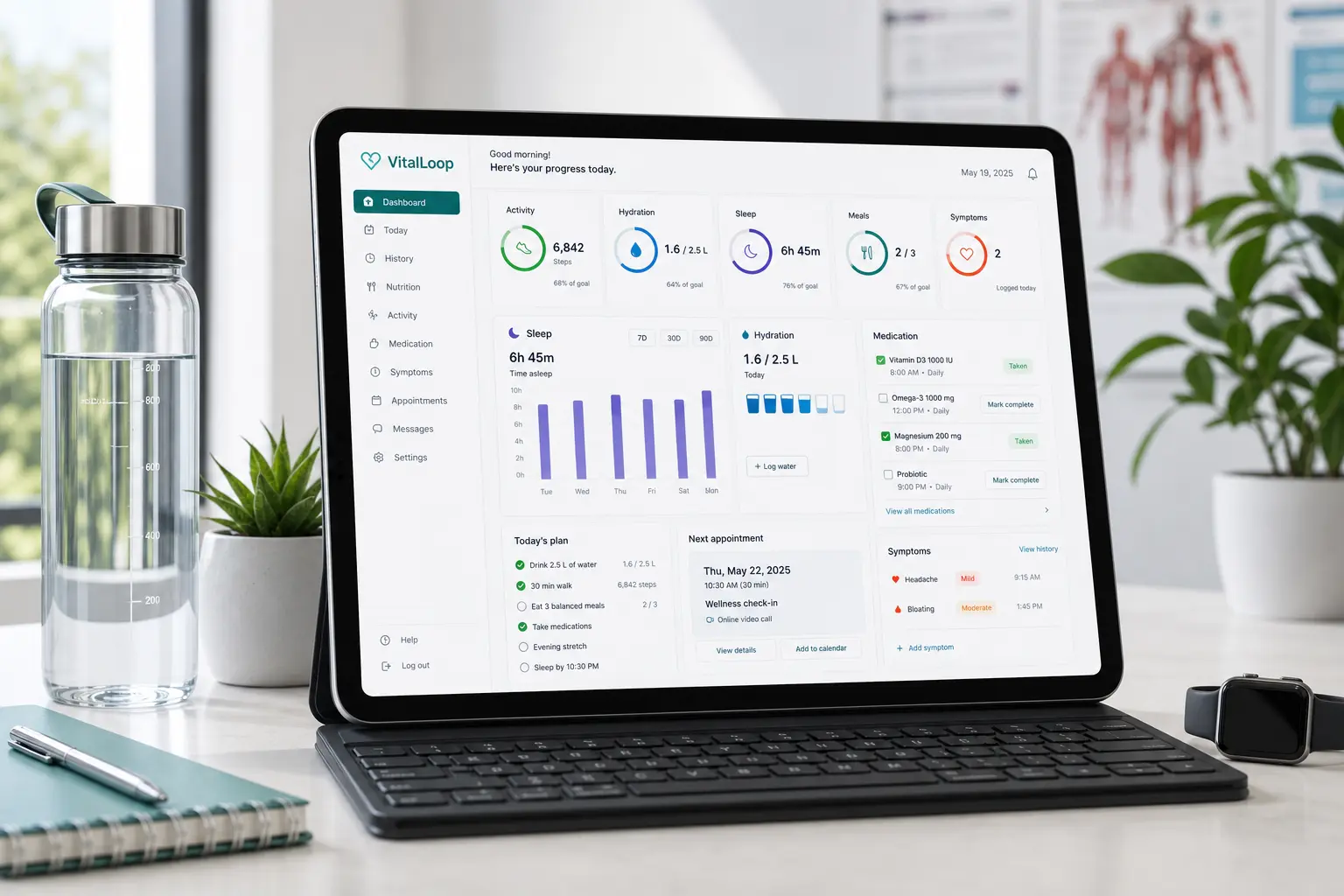VitalLoop dashboard mockup on a tablet in a wellness desk setting